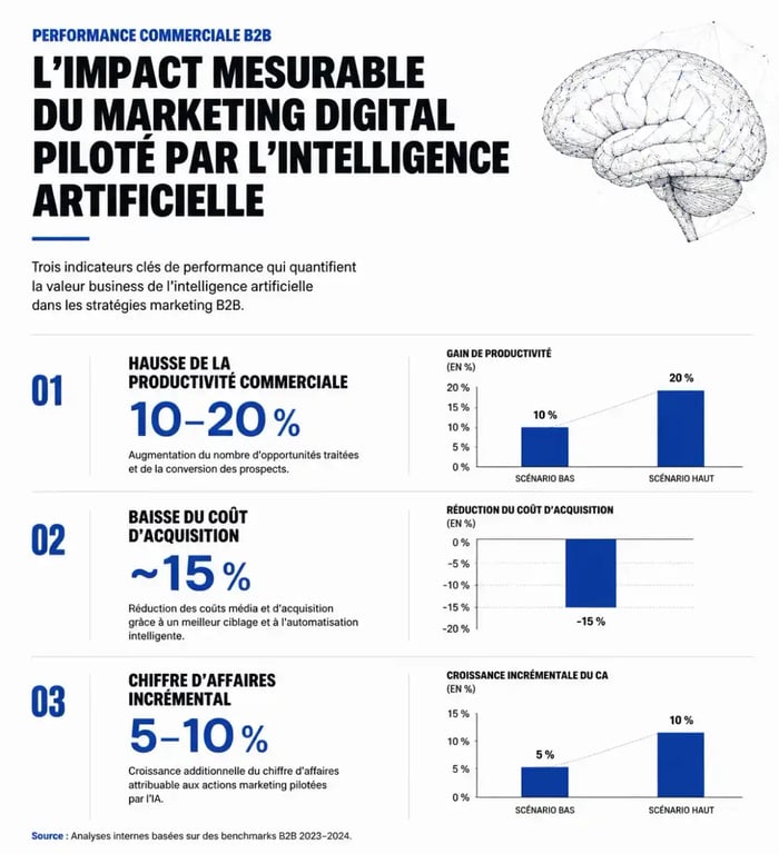Infographie des bénéfices mesurables de Markeonbiz marketing digital en B2B : productivité, coût d'acquisition, chiffre d'affaires
