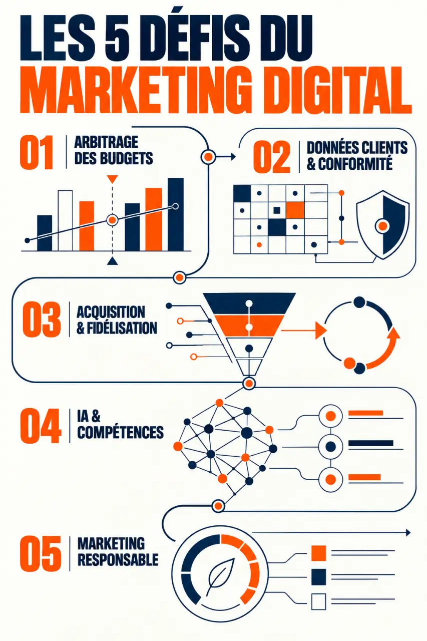 Infographie sur les défis développement marketing digital et les leviers de croissance rentable