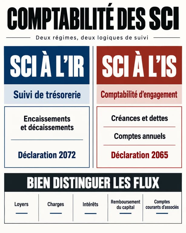 Infographie sur la comptabilité des SCI à l'IR et à l'IS