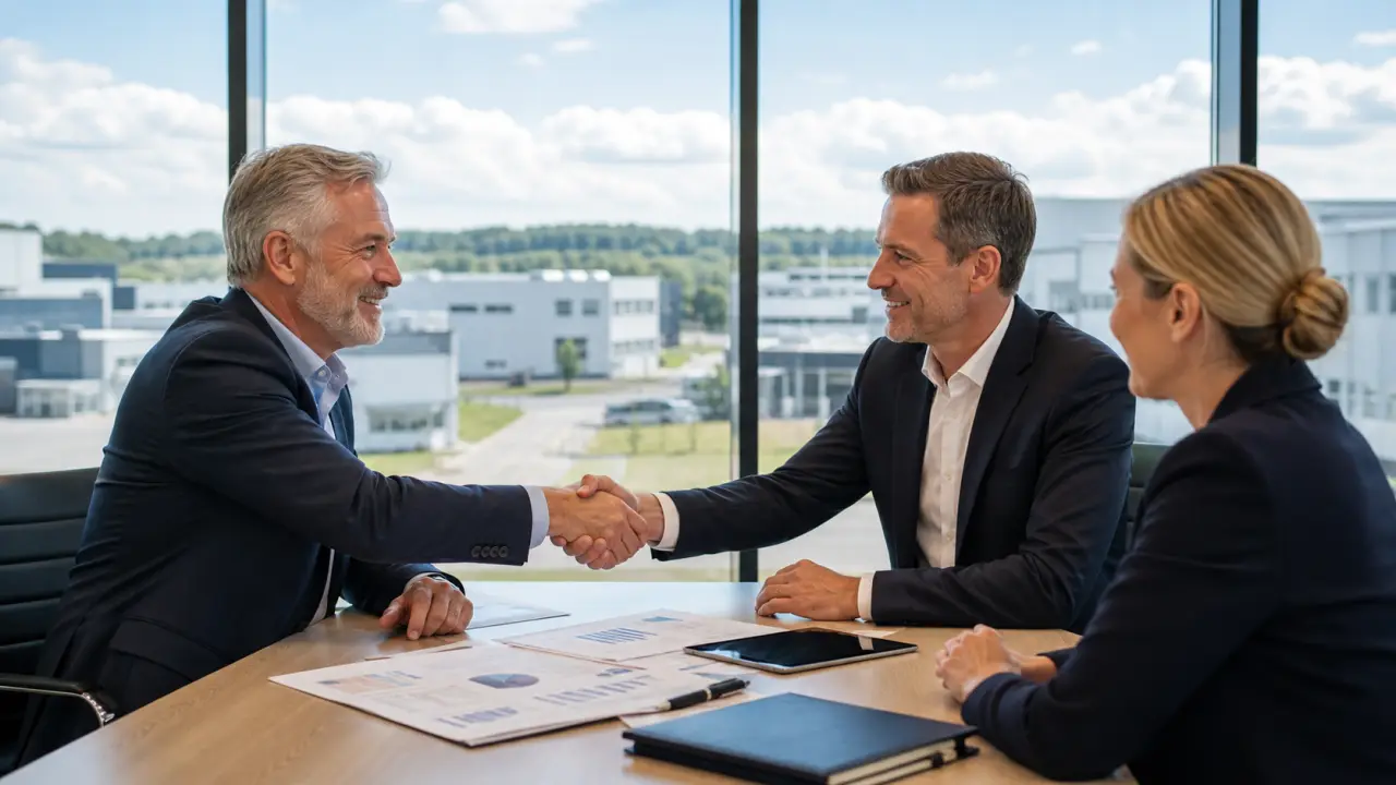 Deux dirigeants d'entreprise se serrant la main dans un bureau lumineux