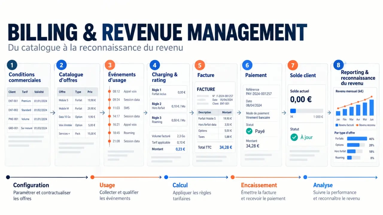 Schéma du billing and revenue management reliant prix, usage, facture, paiement, solde client et reporting