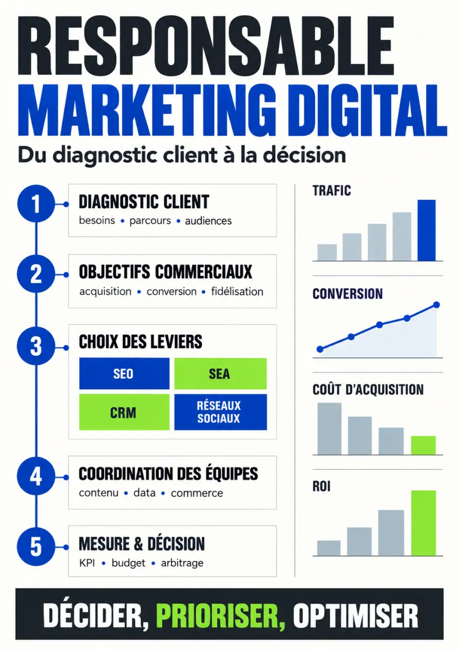 Infographie présentant les missions du responsable marketing digital, des objectifs commerciaux au suivi des KPI