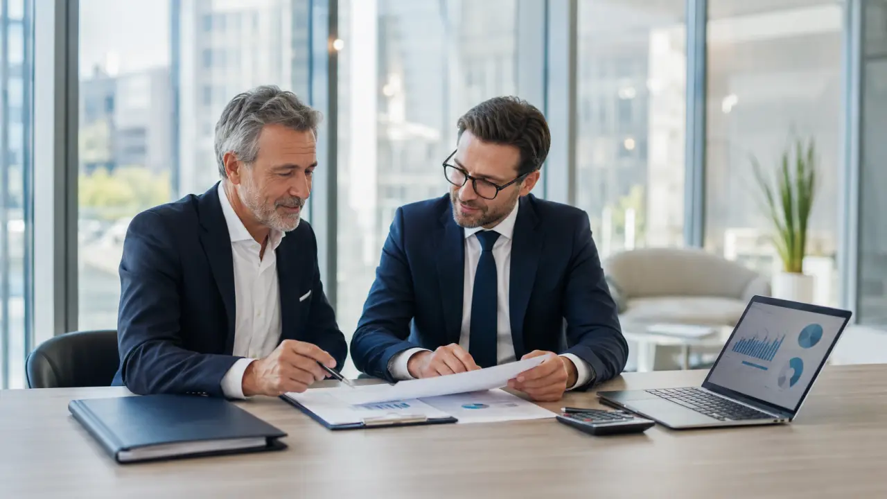 Deux dirigeants d'entreprise se serrant la main dans un bureau moderne et lumineux