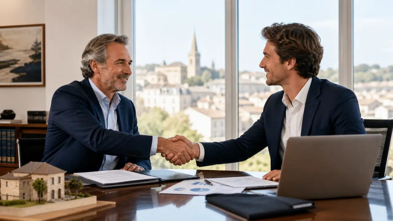 Deux dirigeants d'entreprise se serrant la main dans un bureau moderne et lumineux