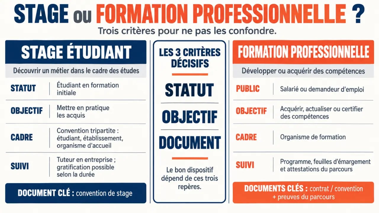Infographie sur la différence stage et formation professionnelle selon le statut, l’objectif et le document