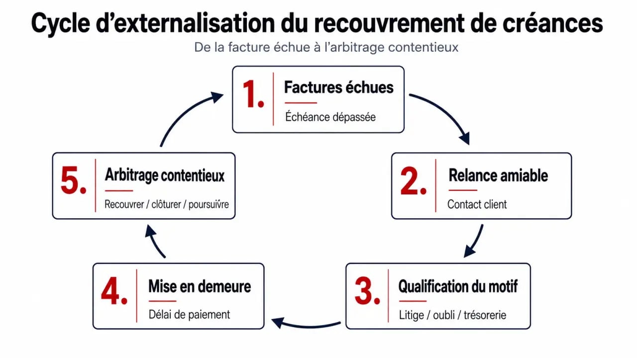 Externalisation du recouvrement de créances : cycle amiable, mise en demeure et contentieux