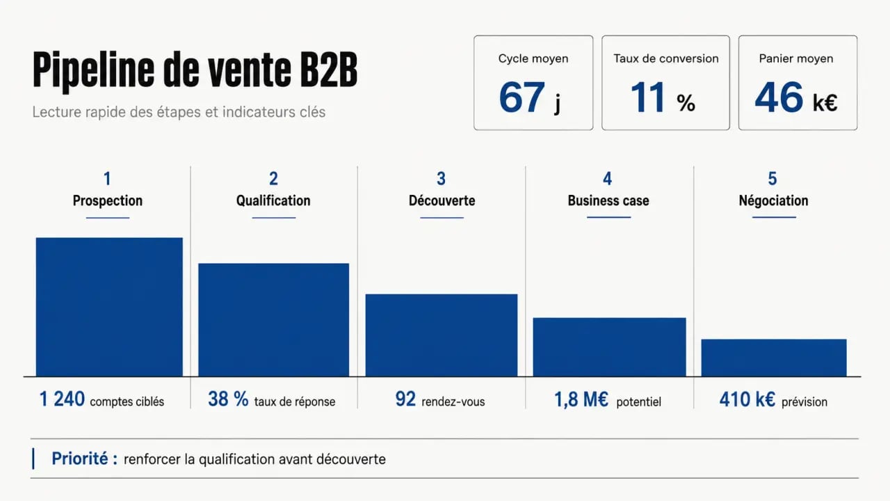 Comment optimiser son processus de vente B2B complexe : tableau visuel des KPI et étapes du pipeline