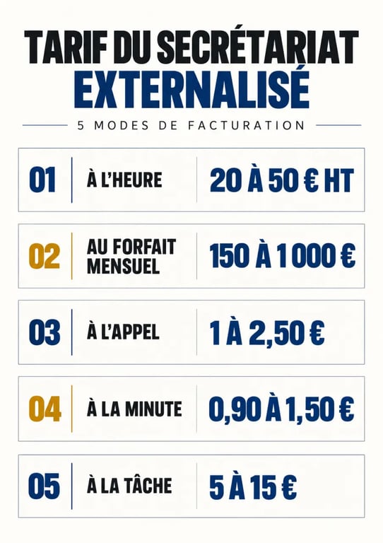 Infographie des tarifs de secrétariat externalisé selon le mode de facturation