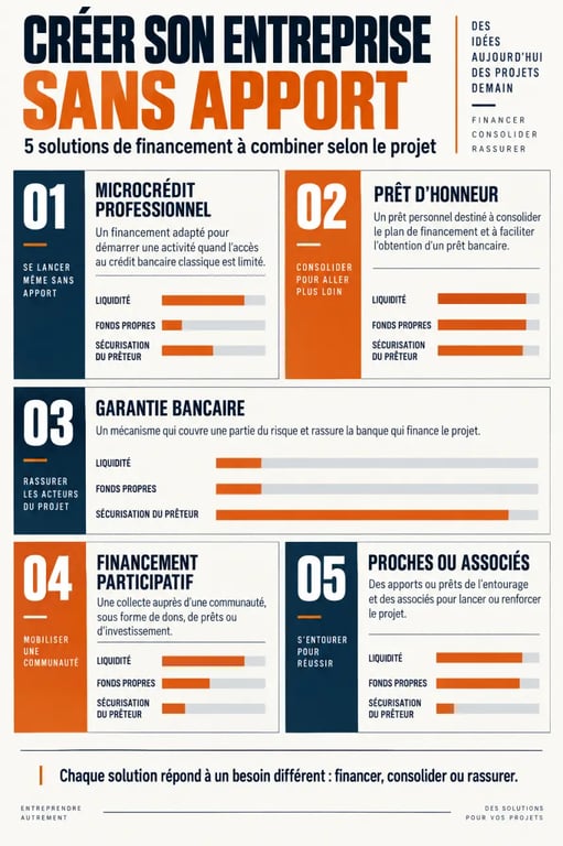 Infographie sur le prêt création entreprise sans apport et les solutions de financement