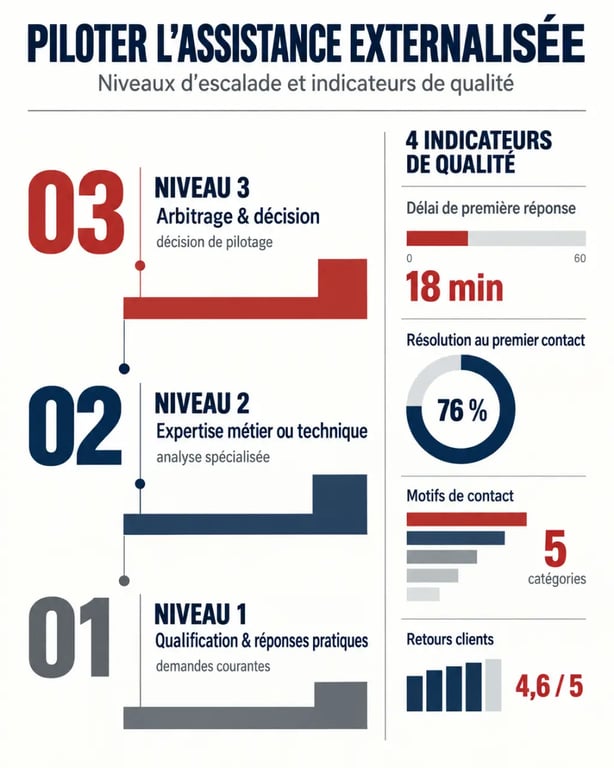 Infographie sur l’externalisation du service d’assistance, les niveaux d’escalade et les indicateurs de qualité