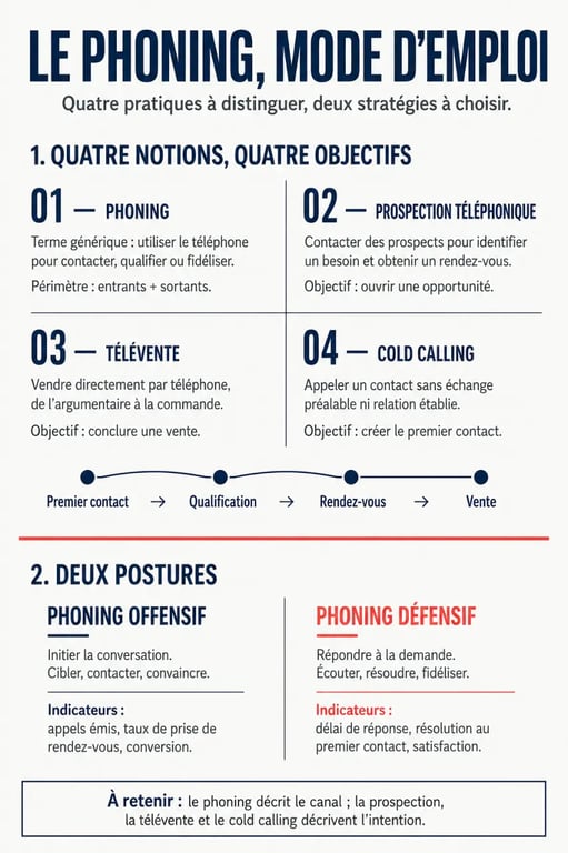Infographie sur le phoning, ses synonymes et ses différents objectifs commerciaux