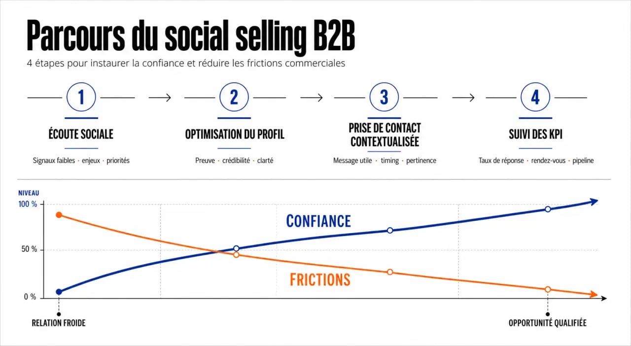 Pourquoi le social selling est devenu indispensable pour les commerciaux b2b : schéma du parcours de vente de l'écoute sociale aux KPI