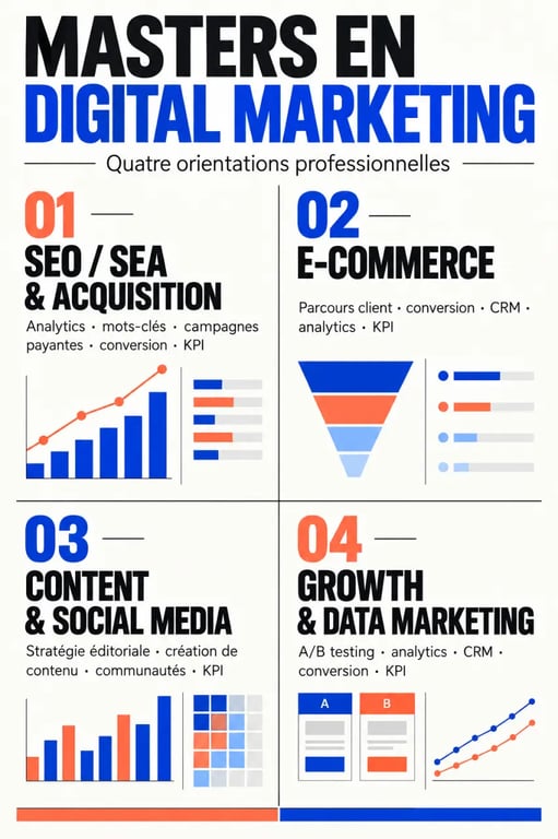 Infographie des spécialisations d’un masters in digital marketing et des métiers associés